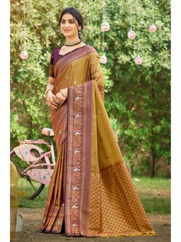 SURILI - Golden Brown Soft Silk Woven Work Traditional Saree with Unstitched Blouse