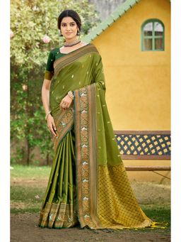 SURILI - Bright Green Soft Silk Woven Work Traditional Saree with Unstitched Blouse