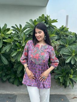ESTELA - Women Purple Floral Print Peplum Style Short Kurti