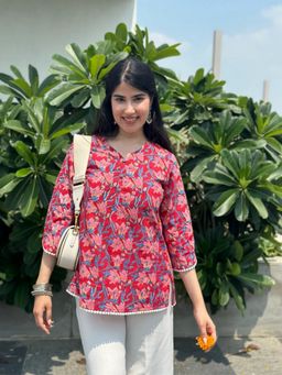 ESTELA - Women Red Floral Printed Peplum Style Short Kurti