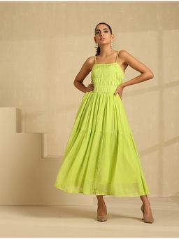 Indy Raaga - Fluorescent Green Chinon Gathered Dress