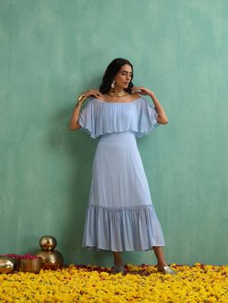Indy Raaga - Sky Blue Chinon Off-Shoulder Ruffle Dress