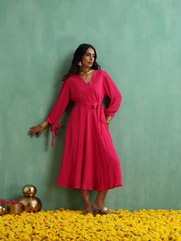 Indy Raaga - Rani Pink Chinon Flared Dress with Belt