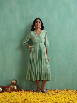 Indy Raaga - Sea Green Chinon Tiered Dress