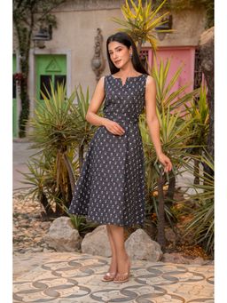 Indy Raaga - Black Printed Cotton Fit and Flare Dress