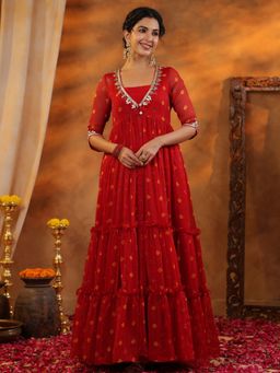 Gillori - Red Sindoori Bandhani Printed Long Inner Dress with Jacket