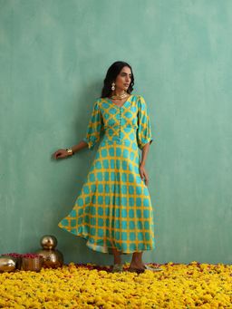 Indy Raaga - Turquoise Printed Muslin Fit and Flare Dress