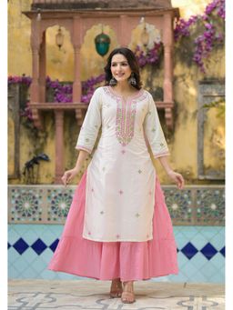 Juniper - Pink Solid Cotton Mirror Work Long Dress with Shell