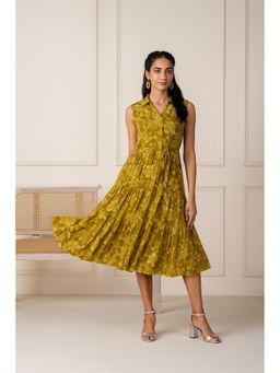 Juniper - Olive Sleeveless Floral Dress with Belt