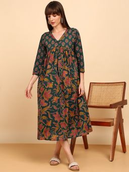 Maaesa - Green Women Cotton Floral Printed V Neck A-Line Kurta