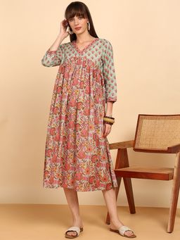 Maaesa - Teal Women Cotton Floral Printed V Neck A-Line Kurta