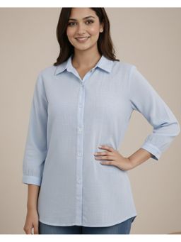 Maaesa - Women Blue Rayon Slub Solid Spread Collar Regular Fit Shirt