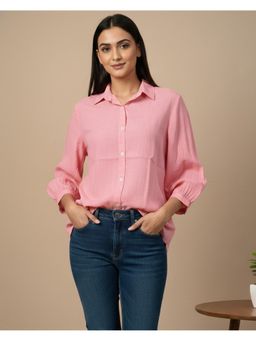 Maaesa - Women Pink Rayon Slub Solid Spread Collar Regular Fit Shirt