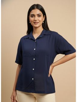 Maaesa - Women Blue Rayon Slub Solid Spread Collar Regular Fit Shirt
