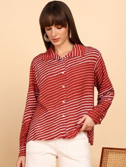 Maaesa - Women Red Rayon Slub Printed Spread Collar Regular Fit Shirt