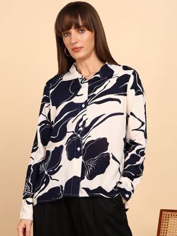 Maaesa - Women White Rayon Slub Printed Spread Collar Regular Fit Shirt