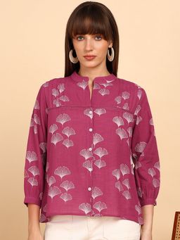 Maaesa - Women Pink Cotton Slub Printed Mandarin Collar Regular Fit Shirt