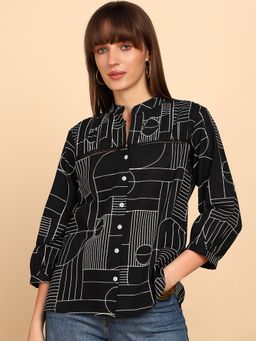 Maaesa - Women Black Cotton Slub Printed Mandarin Collar Regular Fit Shirt