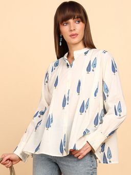 Maaesa - Women White Cotton Printed Mandarin Collar Regular Fit Shirt