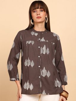 Maaesa - Women Grey Cotton Slub Printed Mandarin Collar Regular Fit Shirt