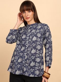Maaesa - Women Blue Cotton Slub Printed Mandarin Collar Regular Fit Shirt