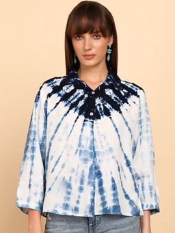 Maaesa - Women Blue Rayon Staple Tie and Dye Spread Collar Relaxed Fit Shirt