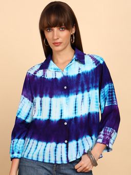Maaesa - Women Blue Rayon Staple Tie and Dye Spread Collar Relaxed Fit Shirt