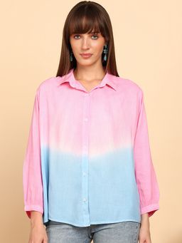 Maaesa - Women Pink Rayon Staple Tie and Dye Spread Collar Relaxed Fit Shirt