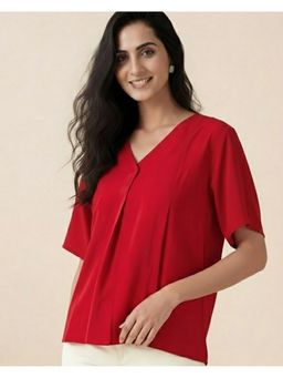 Maaesa - Women Red Rayon Slub Solid Top