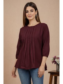 Maaesa - Women Brown Rayon Slub Pleated Top