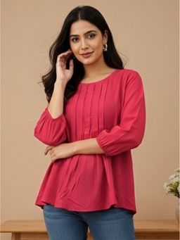 Maaesa - Women Red Rayon Slub Pleated Top