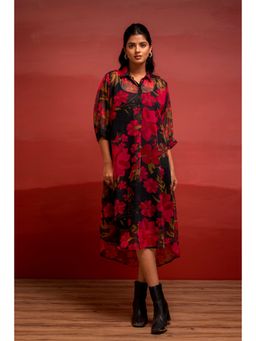 Juniper - Black Floral Printed A-Line Button Detailing Kurta with Inner
