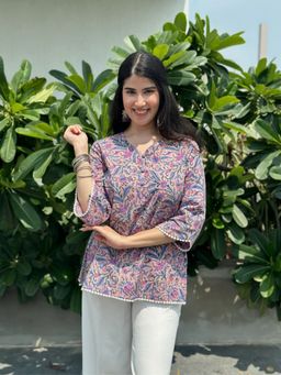 ESTELA - Women Purple Floral Printed Peplum Style Short Kurti