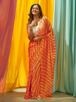 Teejh - Levana Chiffon Rust Orange Leheriya Saree with Unstitched Blouse
