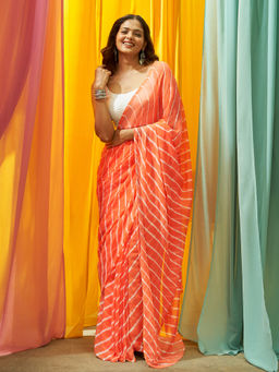 Teejh - Pica Chiffon Peach Leheriya Saree with Unstitched Blouse