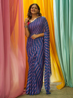 Teejh - Tarangi Chinon Royal Blue Leheriya Saree with Unstitched Blouse