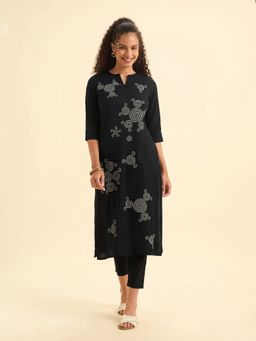 VISMAY - Black Cotton Viscose Silted Placement Print Kurti