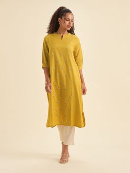 VISMAY - Mustard Cotton Viscose Slub Plain Flared Curved Hem and Embroidery Kurti