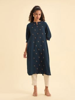 VISMAY - Navy Blue Cotton Viscose Slub Plain Flared Curved Hem and Embroidery Kurti
