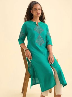 VISMAY - Aqua Green Cotton Viscose Silted Embroidery Kurti