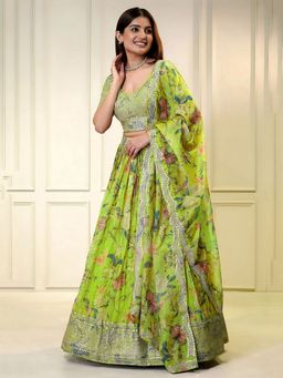 Odette - Women Green Poly Georgette Embellished Semi Stitched Lehenga with Blouse and Dupatta