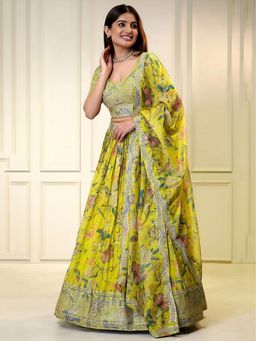 Odette - Women Yellow Poly Georgette Embellished Semi Stitched Lehenga with Blouse and Dupatta