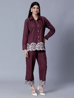 ANNY - Wine Flower Embroidered Shirt with Pant