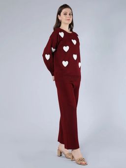 ANNY - Maroon Heart Knitted Pullover with Pant