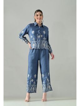 ANNY - Blue Embroidered Denim Ease Co-Ord Set