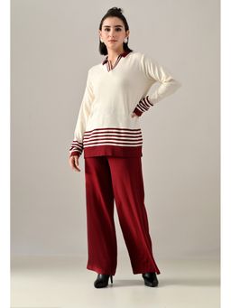 ANNY - Women Maroon Polyester Stripes Co-ord Set