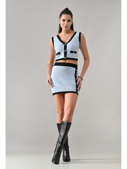 ANNY - Women Blue Wool Solid Top with Cardigan Overlays and Skirt