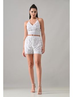 ANNY - Women White Cotton Textured Top with Short