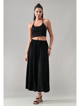 ANNY - Women Black Rayon Embroidered Crop Top with Skirt