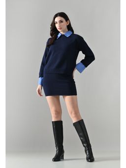 ANNY - Women Navy Blue Wool Stripes Shirt with Skirt